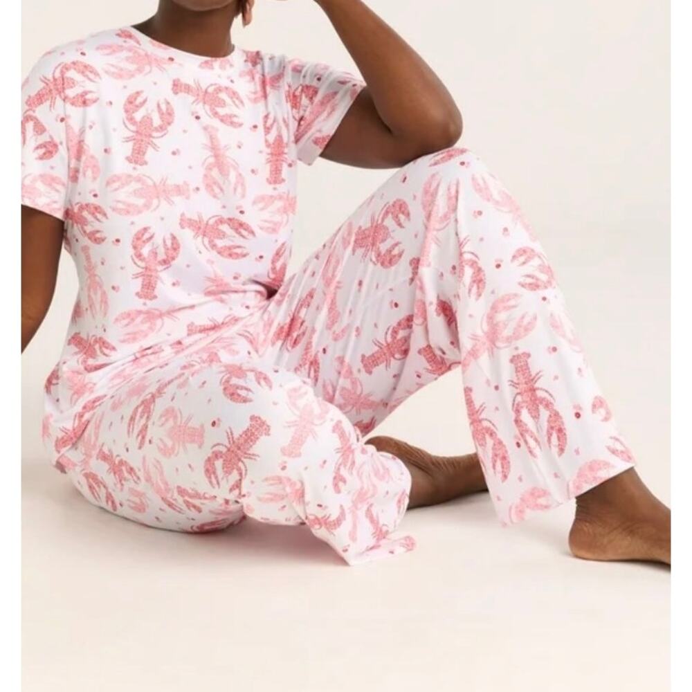 Joyspun Red Pink Lobster Print Pajama Pants 2X 18W-20W Wide Leg Sleep Bottoms